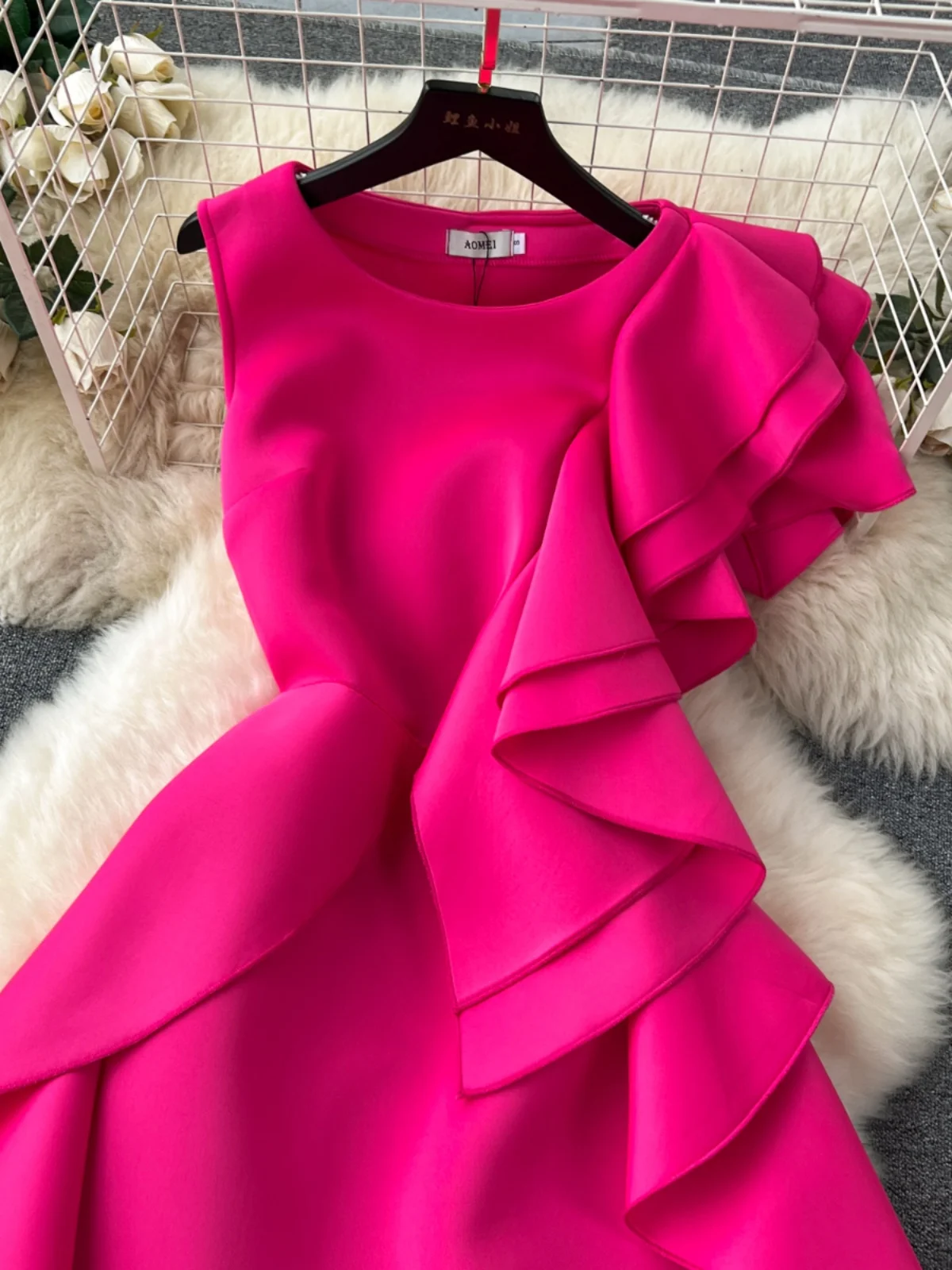 Rose Red Ruffled High-End Ladies Formal Dress European and American Style Niche Chic Beautiful Slimming Party