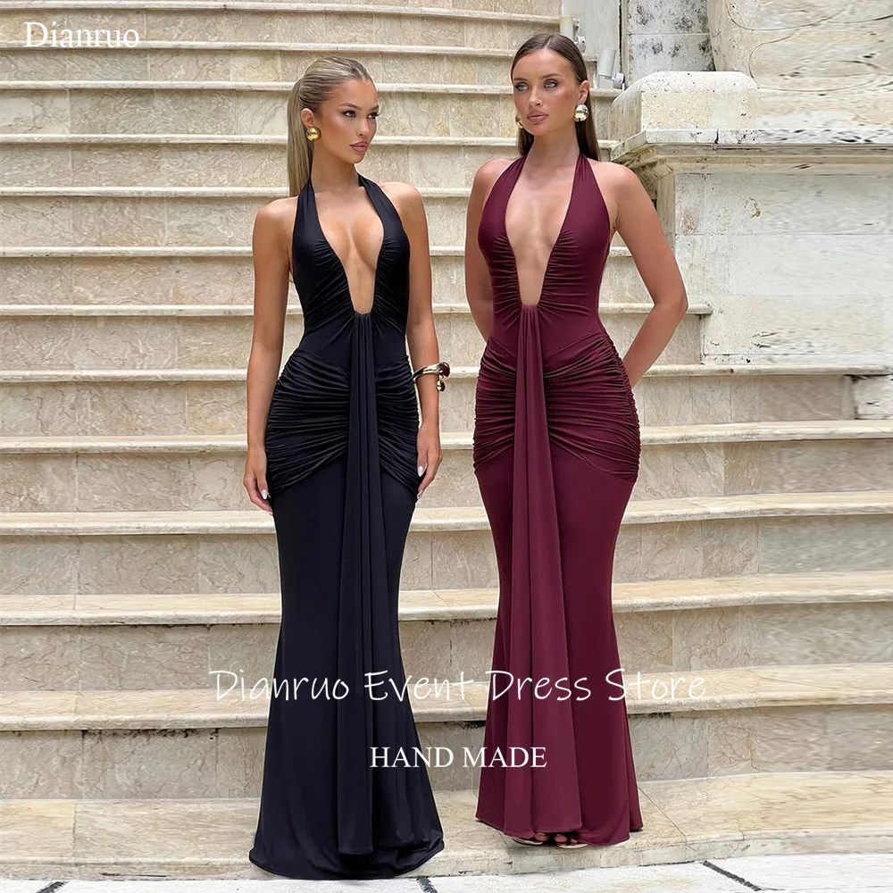 Dianruo Abiti da sera lunghi eleganti a sirena con scollo a V profondo Abiti da festa in chiffon senza maniche Abiti da ballo 2025 Personalizzato