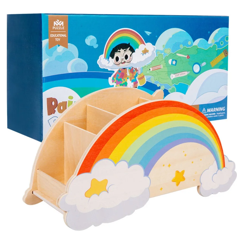 New Cloud Rainbow Pen Holder Large Capacity Cute Cartoon Wooden Pen Holder Toy Stationery Desktop Ornaments Student Supplies