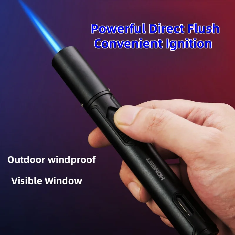 

New Straight Punch Lighter Visible Window Outdoor Windproof Portable Cigar Barbecue Household Igniter Men's Smoking Accessories