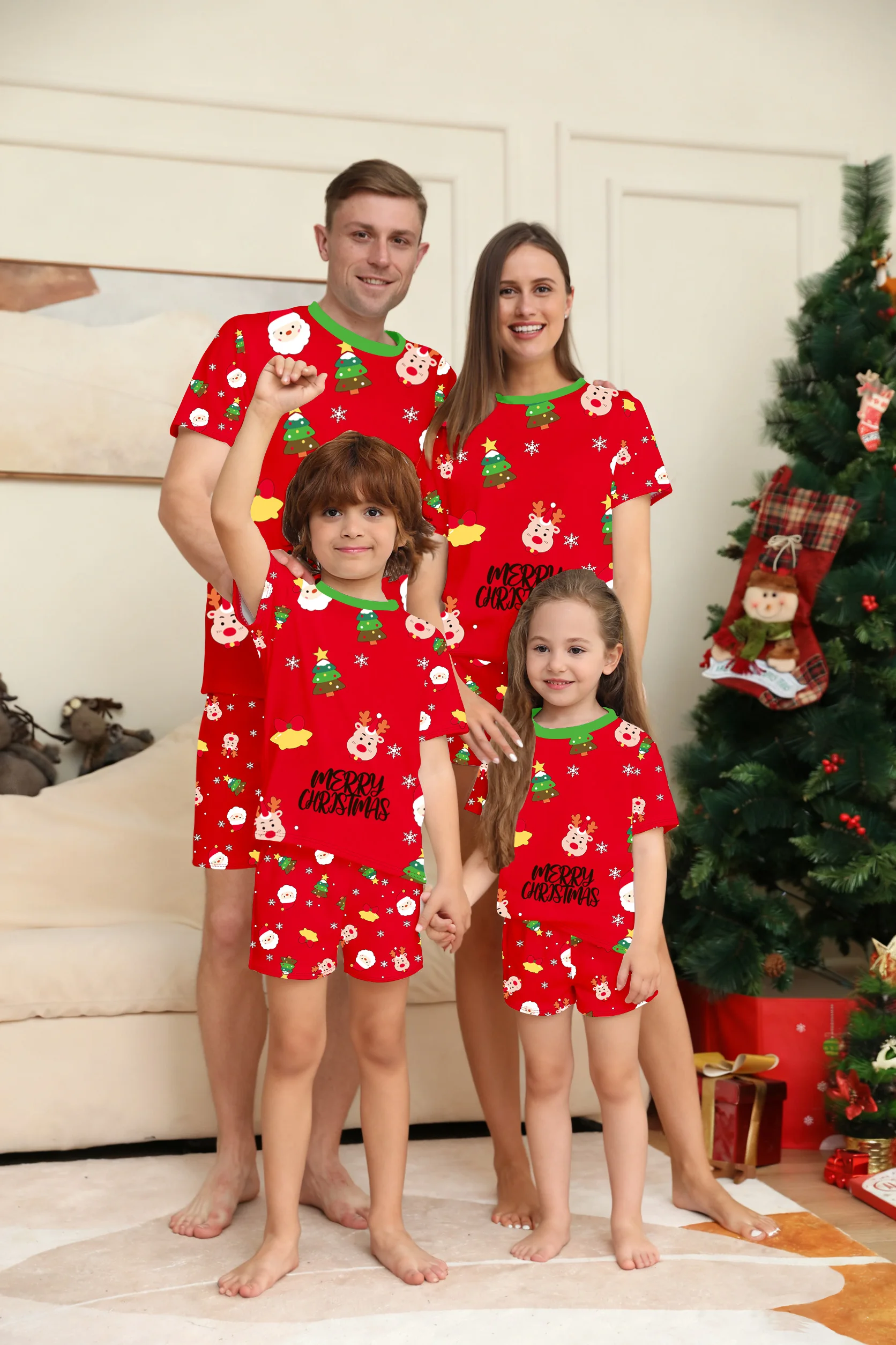 Family Christmas Pajamas Matching Parent-child Short Sleeve Shorts Red Santa Reindeer Tree Print Xmas Gift Men Women Kids