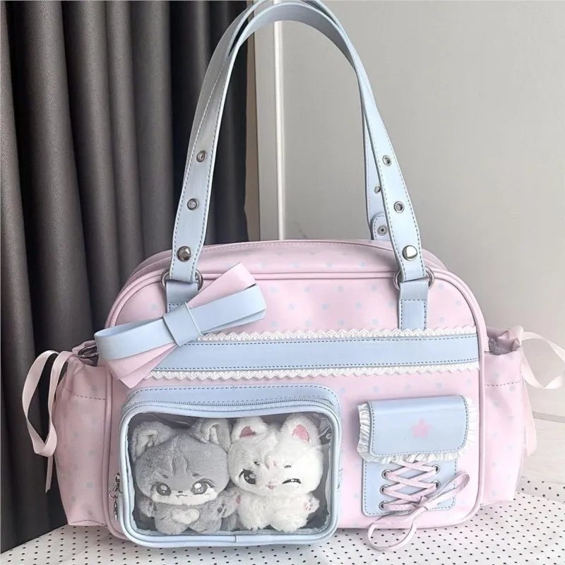 Japanese Sweet Cute Bow Ita Bag Women Anime Large Capacity Shoulder Bags Ladies Pink Blue Color Block JK Harajuku Kawaii Handbag