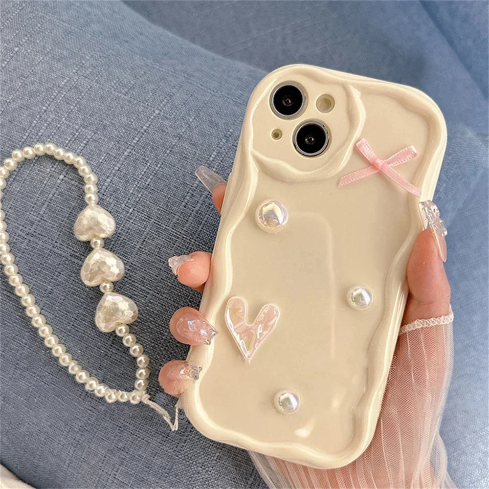 Korea Cute Laser Heart Pink Bow Pearl Cream Wave Phone Case For iPhone 16 15 14 13 12 11 Pro Max Soild Color Silicone Soft Cover