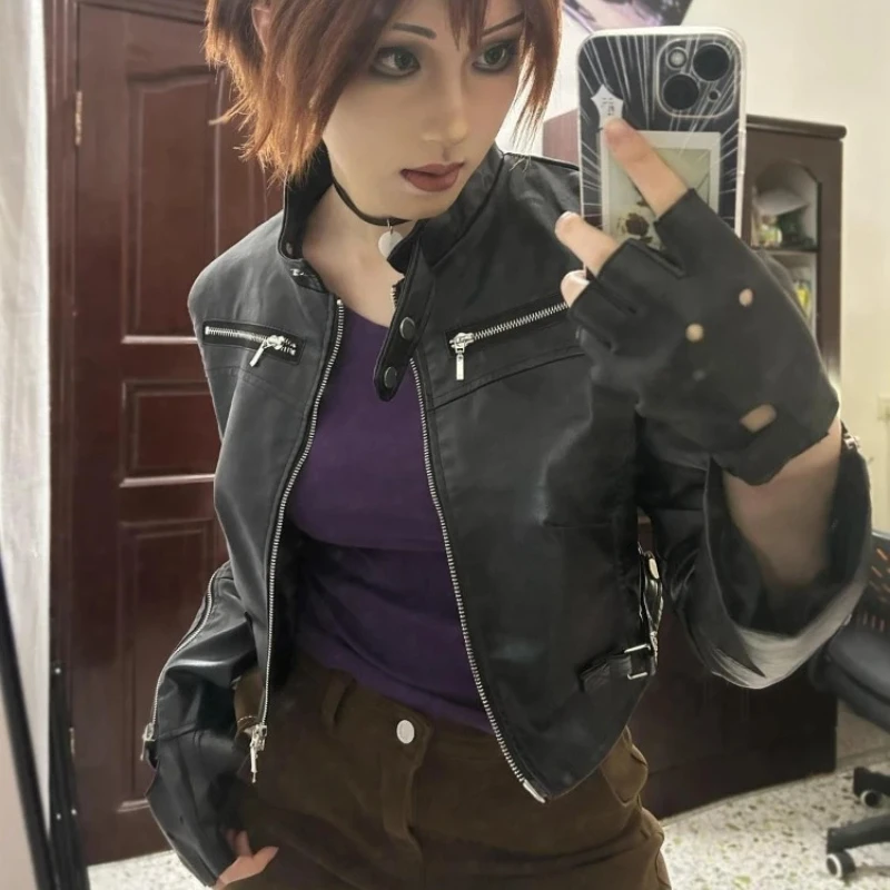 

Y2k американская короткая куртка в стиле ретро, женская повседневная куртка с длинным рукавом, сексуальное пальто в стиле панк, милая верхняя одежда на молнии, винтажная осень 2023 г.