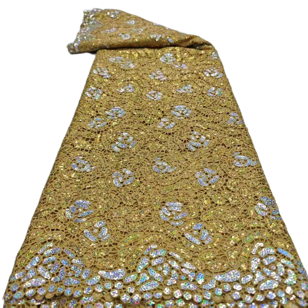 

Золотая высококачественная гипюровая кружевная ткань со шнуром, 2025 г., вязаная африканская кружевная ткань с блестками, нигерийское водорастворимое вечернее платье для женщин