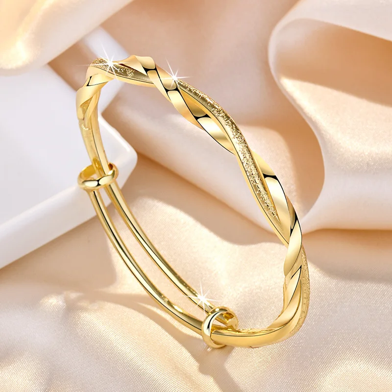 Genuine 18K Gold Color Fashion Mobius Push Pull Bracelet Bangle for Women Female Shiny Bangle Jewelry Gifts Not Fade