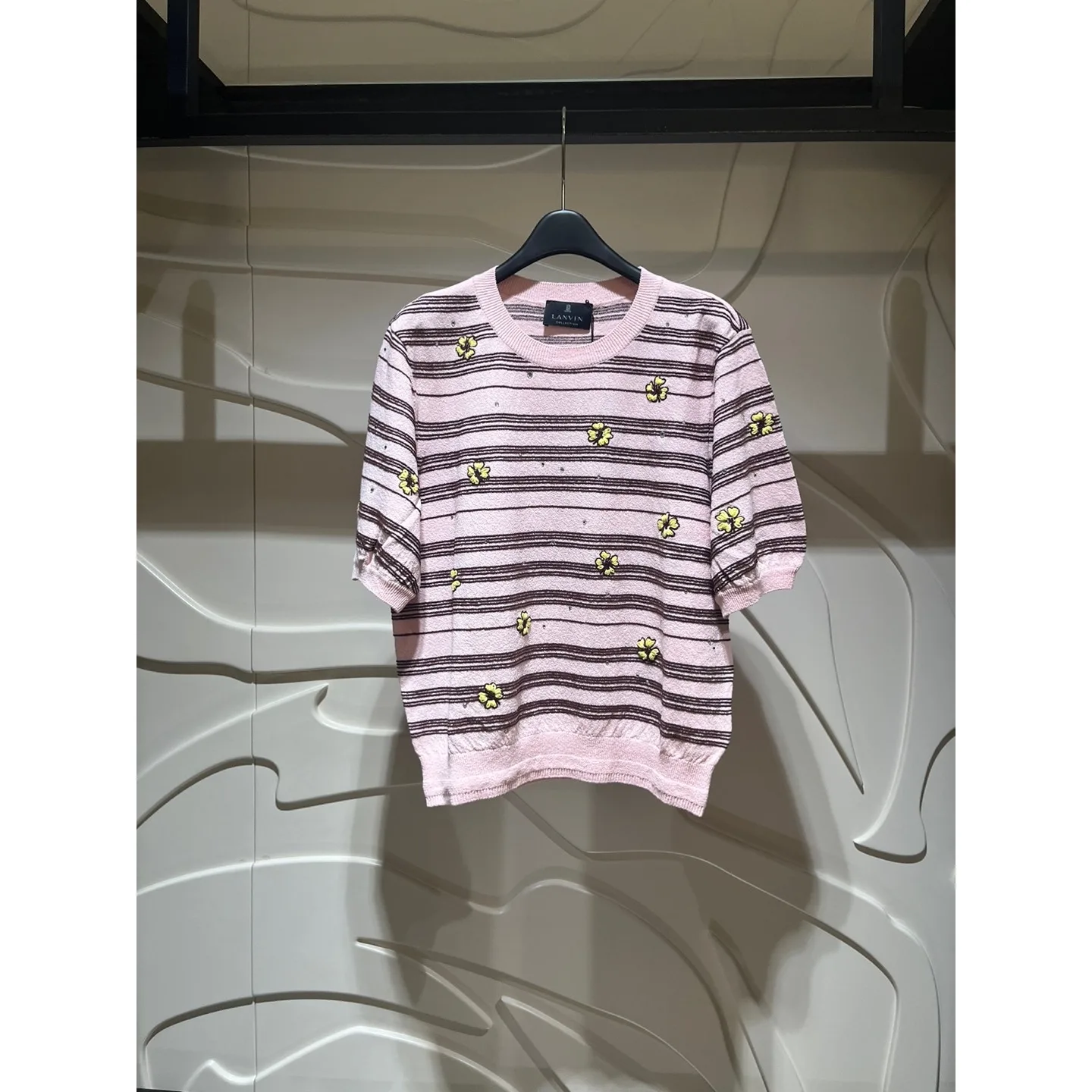 

Spring Summer Thin Embroidered Flower Stripes round Ne ort Sve Knitted Sweater Korean Sle Women's Casual Top