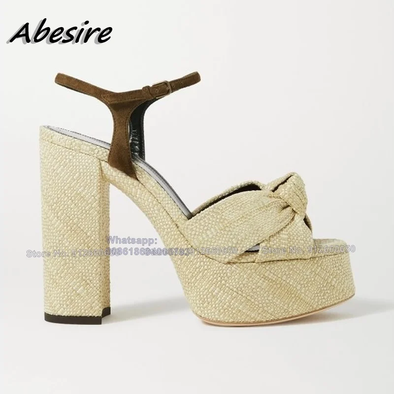 Abesire Red Platform Sandals Women Bow Knot  Apricot Ankle Buckle Round Toe Chunky High Heel Sandals Beige Shoes On Heels Summer