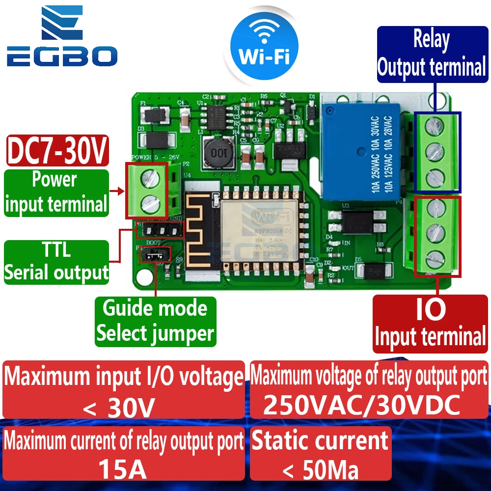 ESP8266 Φ WIFI беспроводной модуль, 1-канальный релейный экран, защита от перегрузки по току, сетевой релейный модуль Wi-Fi 10 А постоянного тока 7-30 в