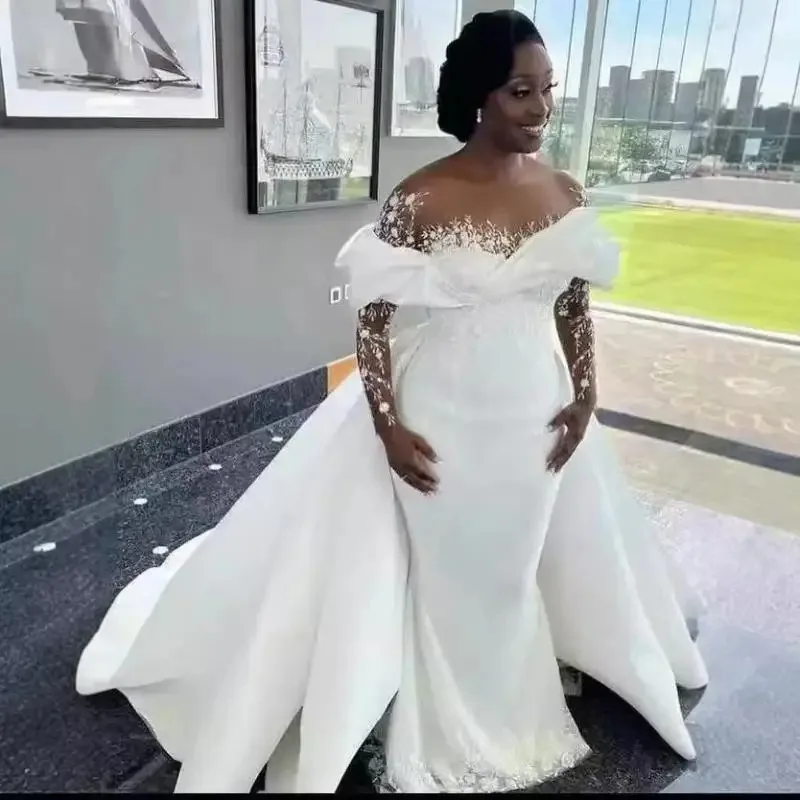 

Customized One Shoulder Satin Hollow Mesh Long Sleeved Wedding Dress Engagement Banquet Lace Fishtail Skirt Detachable Tail