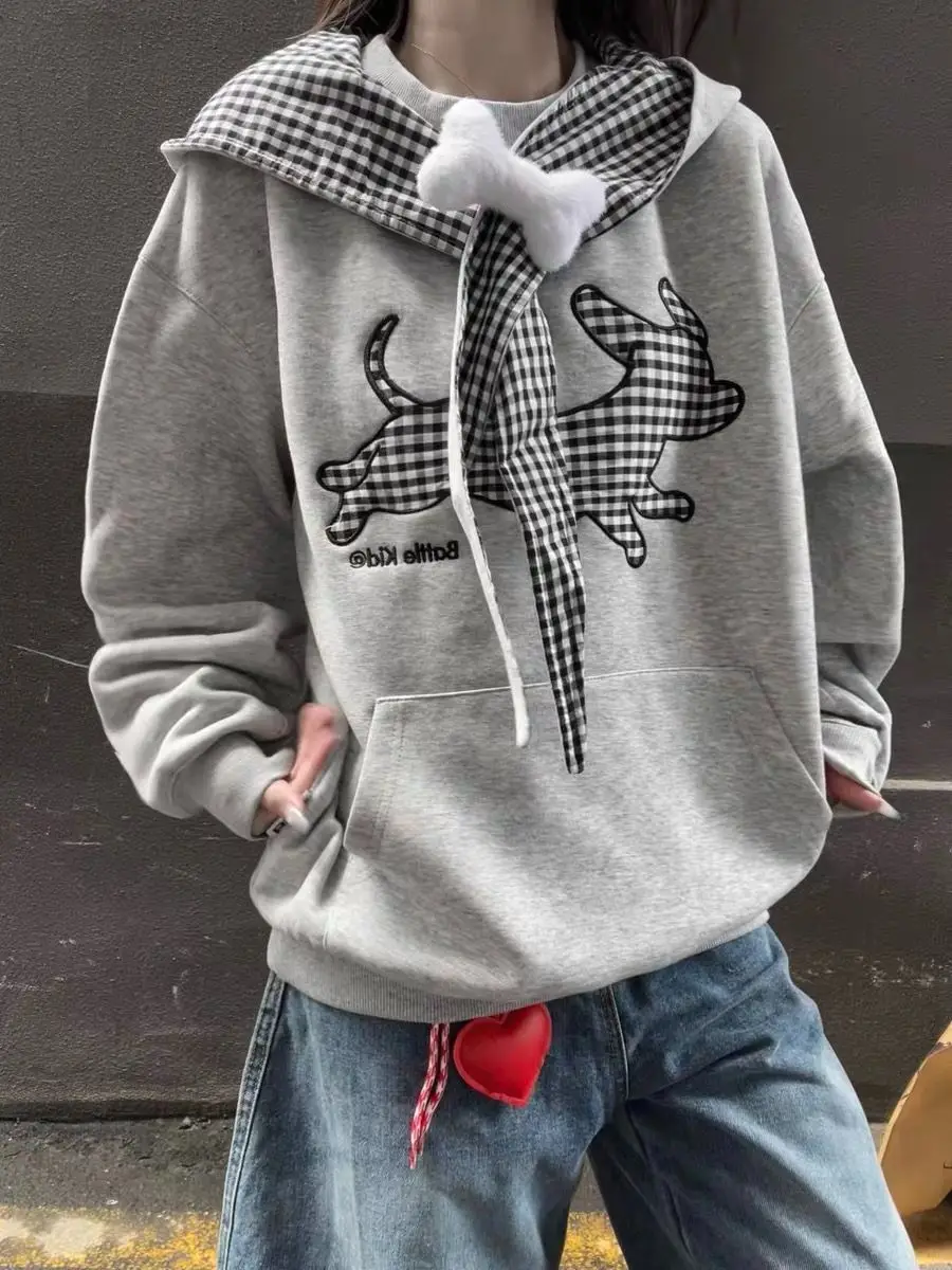 

Japanese Spliced ​​Plaid Long-Sleeved Hooded Sweatshirt Women Spring Autumn New Loose Niche Design Slim Casual Top