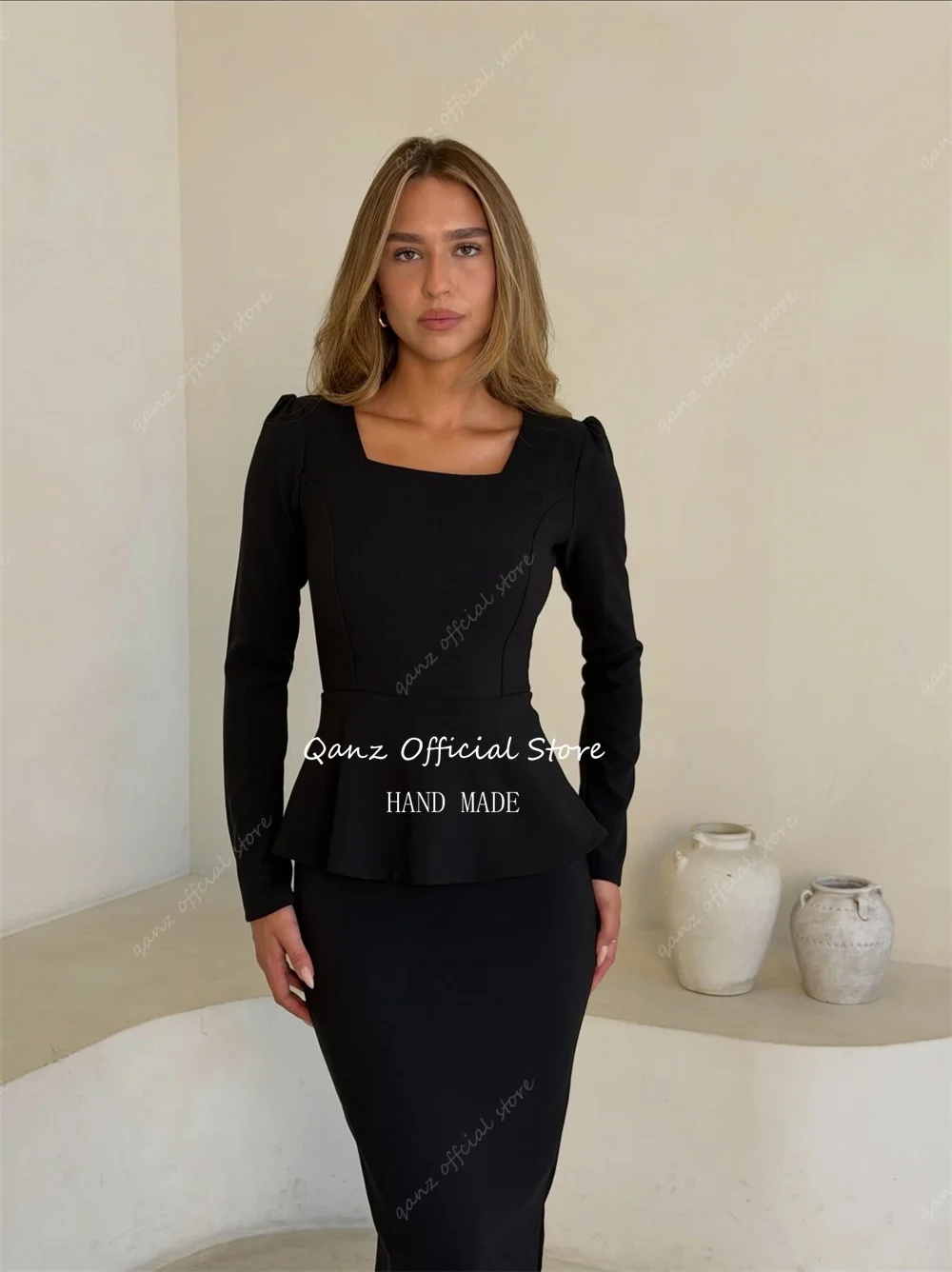 Qanz Classic Mermaid Evening Dress Long Sleeves Black Satin Square Neck Prom Dresses Women 2 Pieces Robe De Soirée Customized