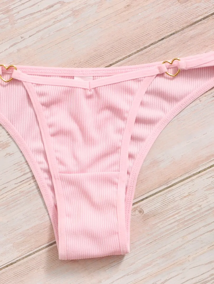 

Womens Plain High Stretch Ribbed Bikini Thong With Heart Detail