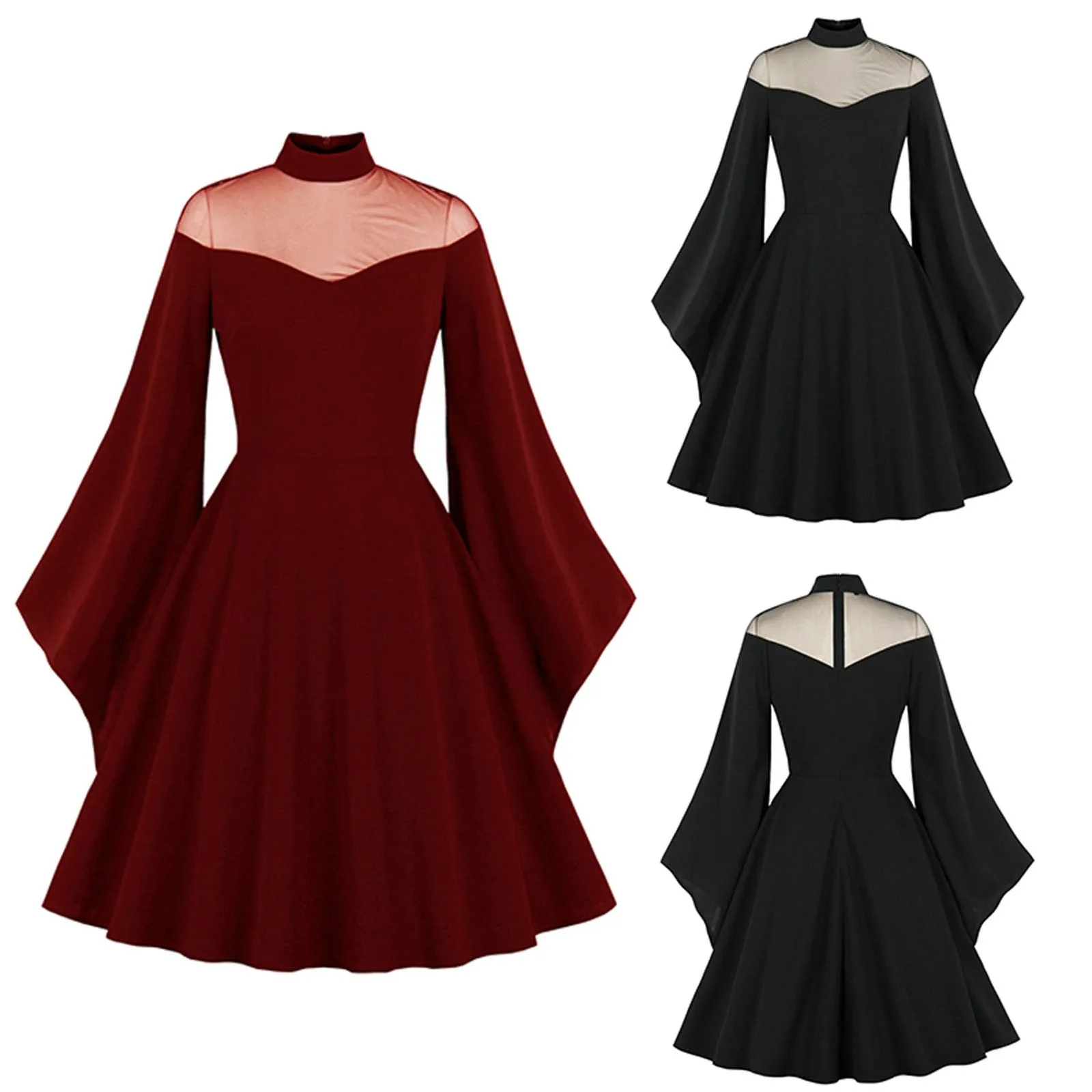 Women dress Halloween Party solid Long Sleeve Retro Dress Bodycon Grenadine Dress Gothic Dress Goth Lolita Y2k Mini Vintage