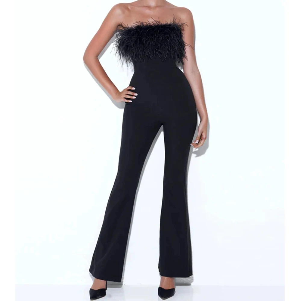 

Strapless Off-the-shoulder High-waist Wide-leg Flared Trousers Party Wear Tight Ostrich Feather Bandage Jumpsuit-GZXX1096