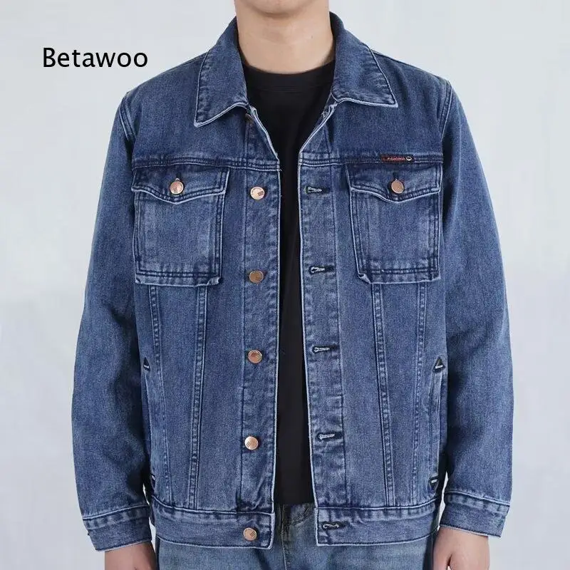 Mens Thick Denim Jacket Spring Loose Plus Size Workwear Coat Turn Down Collar Multi Pockets Outerwear For Male Daily Street Casu