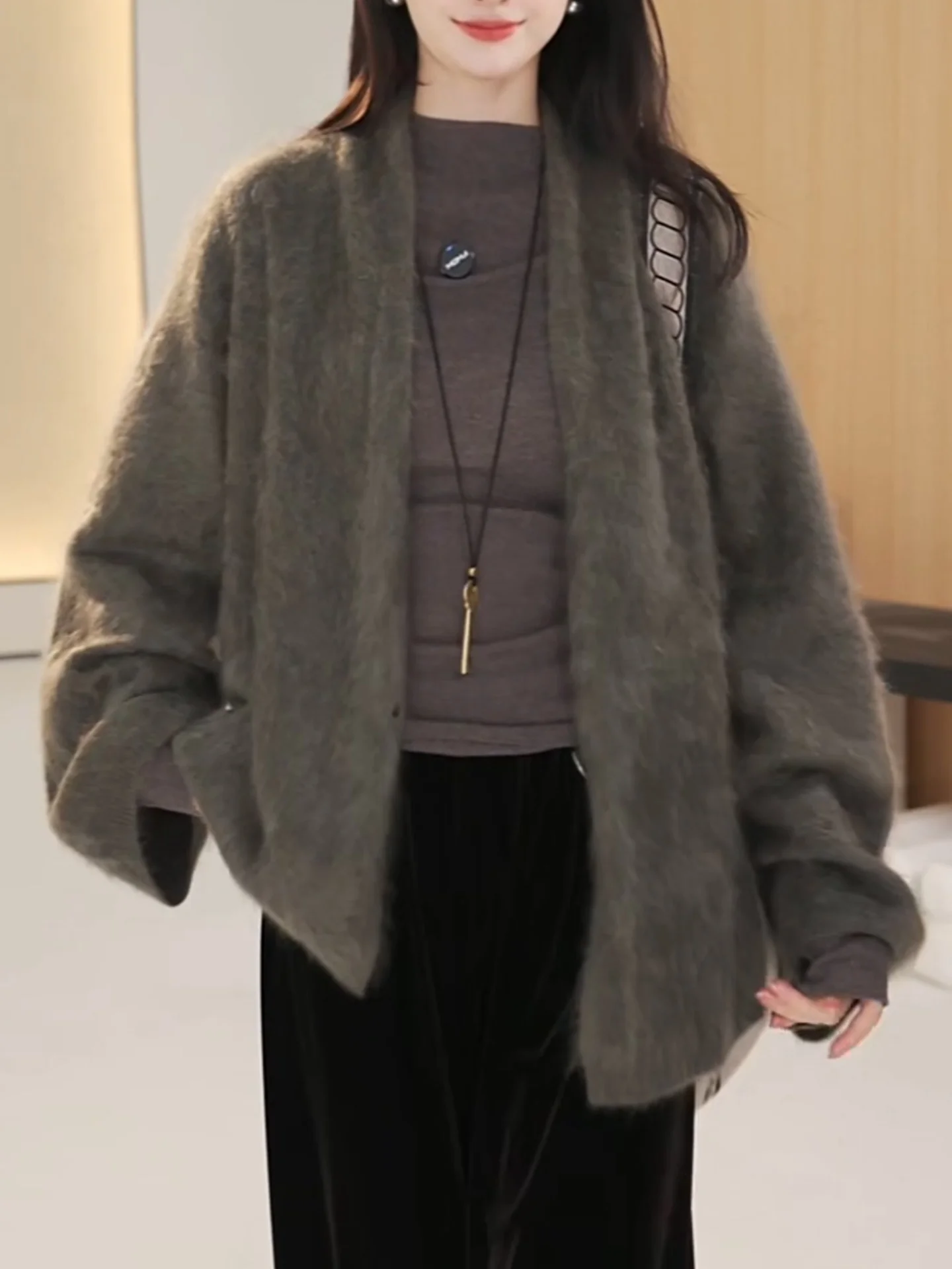 

Korean Sle Loose Long Sve V-Ne Knitted Cardigan Women's Warmth-Insulating Outerwear ey Sweater Autumn Winter plus Size