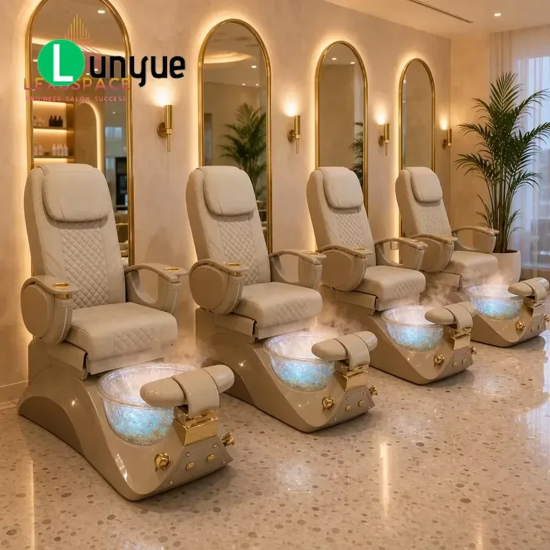 High-end Beige Pedicure Chair with LED Glass Bowl Luxury Spa Furniture Commercial Nail Station for Beauty Store