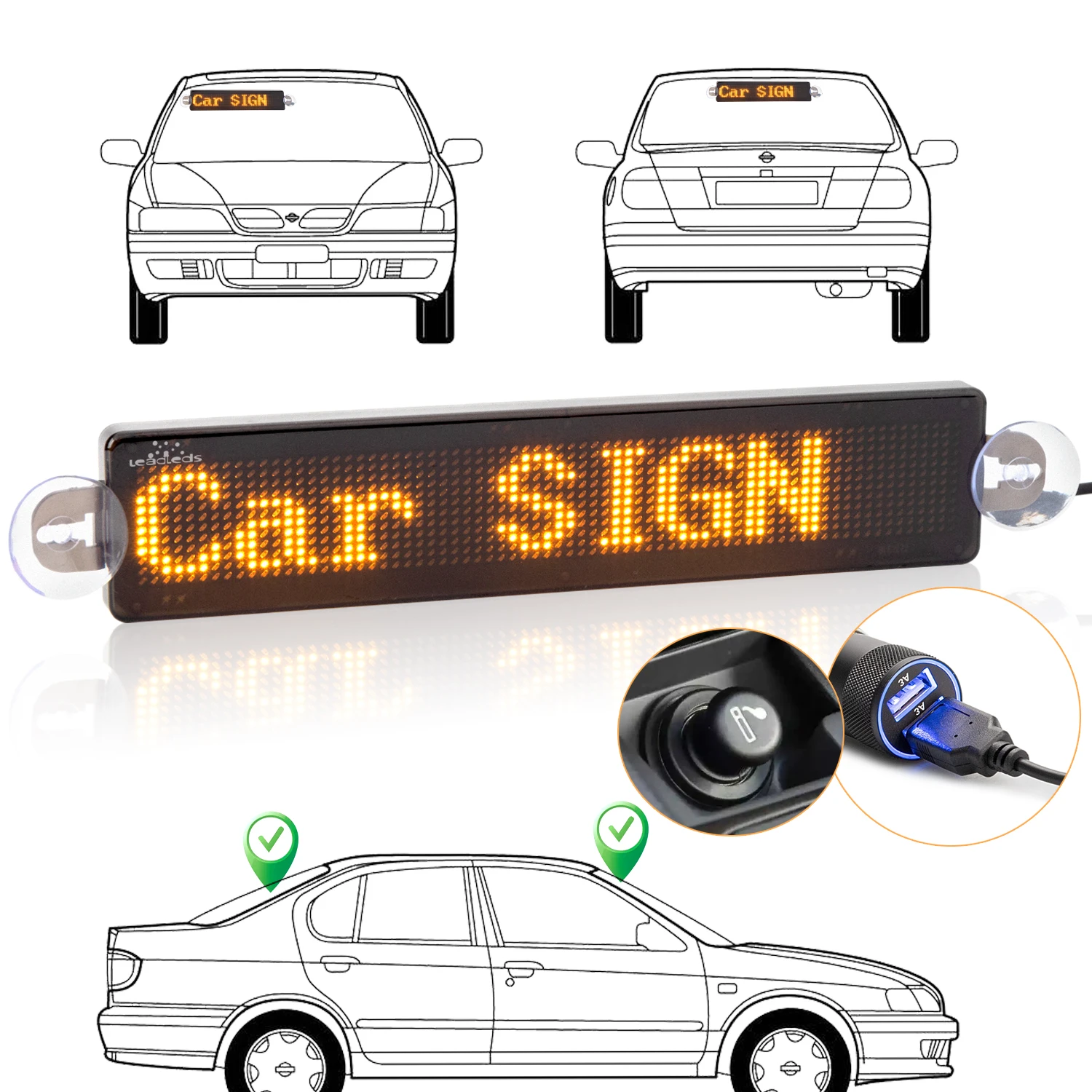 23CM Led Car Sign Bluetooth APP Programmable Scrolling Message Led Display Board for Car Rear Window Suction Cups DC5V USB Cable
