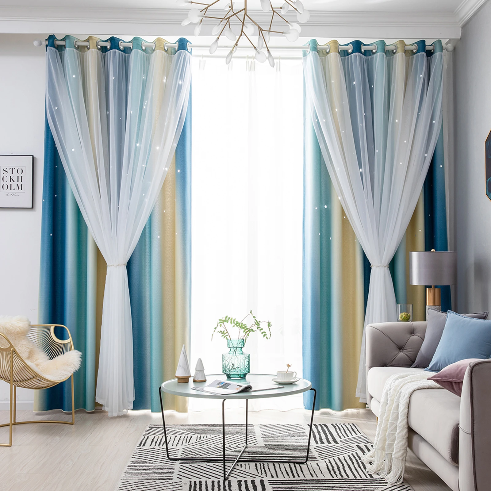 Curtain Simple Gradient Hollow-out Star Pattern Double Layer Blackout Bedroom Living Room Insulation Curtain