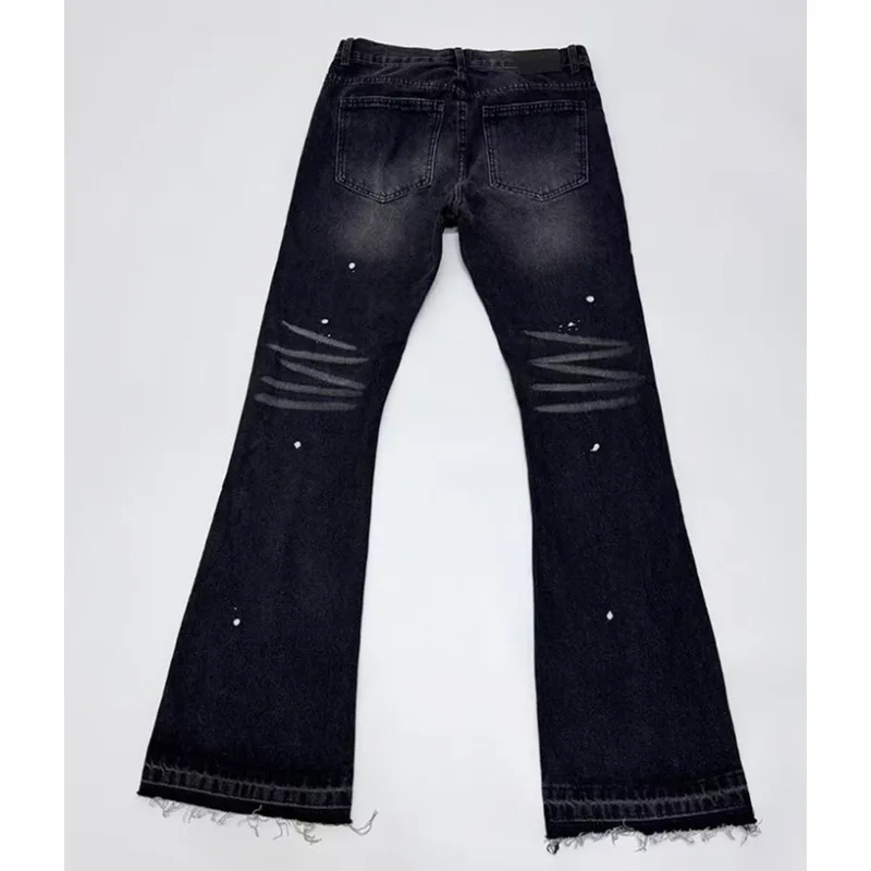 Men Vintage Splatter Flare Jeans Raw Frayed Hem Destroyed Washed Denim Pants Slim Y2K Vibe Streetwear Casual Long Trousers