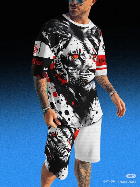 

2025 мужской комплект с короткими рукавами, креативный принт граффити, уличная уличная мода, топ с короткими рукавами, шорты, повседневный комплект из двух предметов