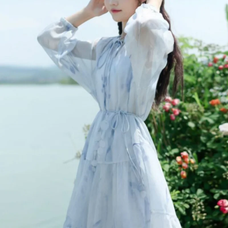 Sweet Academy Style Elegant Ink Print Waist Tie Up Two Piece Chiffon Dress Women Round Neck Lantern Sleeves A-line Long Dresses