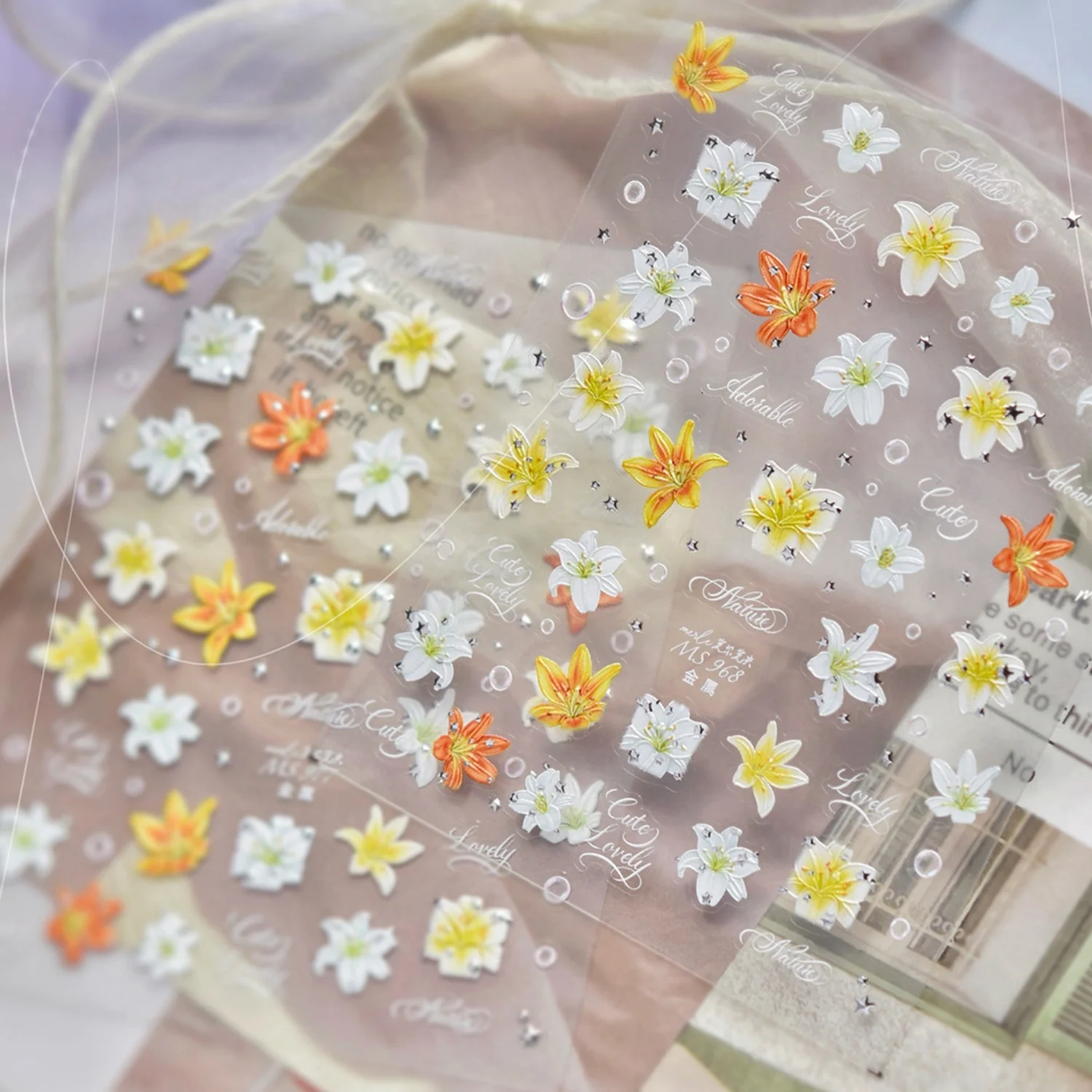 5D Lily Flower Embossed Nail Art Stickers Blooming Petal Silver