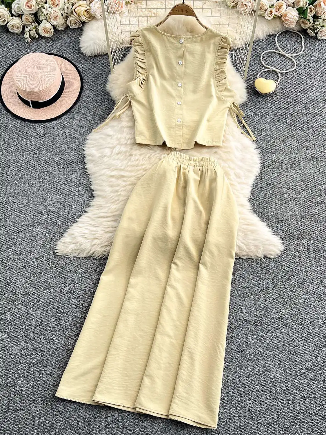 Set Gaun 2 Potong Midi Kasual Manis Elegan Atasan Crop Liburan Pantai Musim Panas Wanita Pakaian Rok Panjang Pinggang Elastis