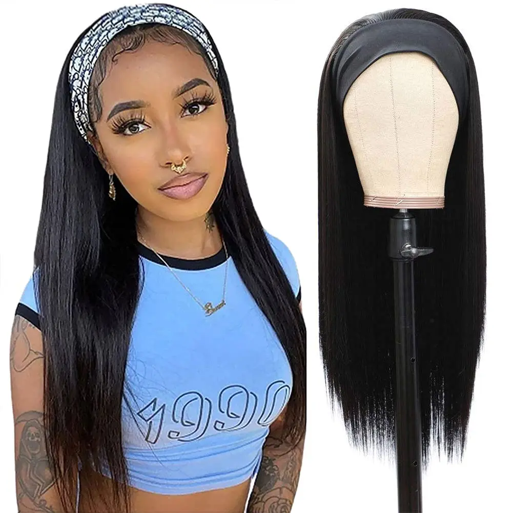 24Inch Synthetic Half Hair Blonde Wig Machine Made Yaki Straight Headband for Black Women Girl Natural Black Daily Party Use