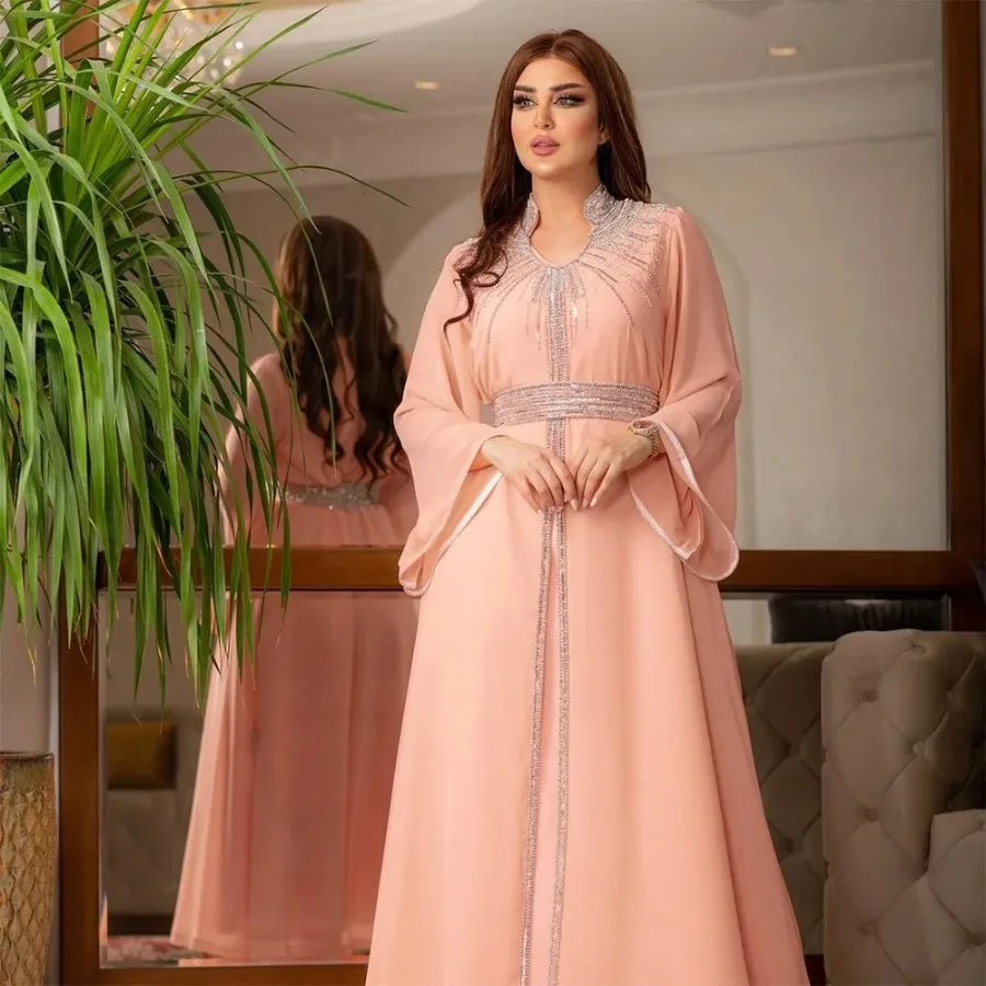 Türkische Abaya für Frauen arabisches Kleid marok kanis cher Kaftan königliche Frauen Mode heißes Diamant Chiffon Kleid mit Gürtel eleganten V-Ausschnitt