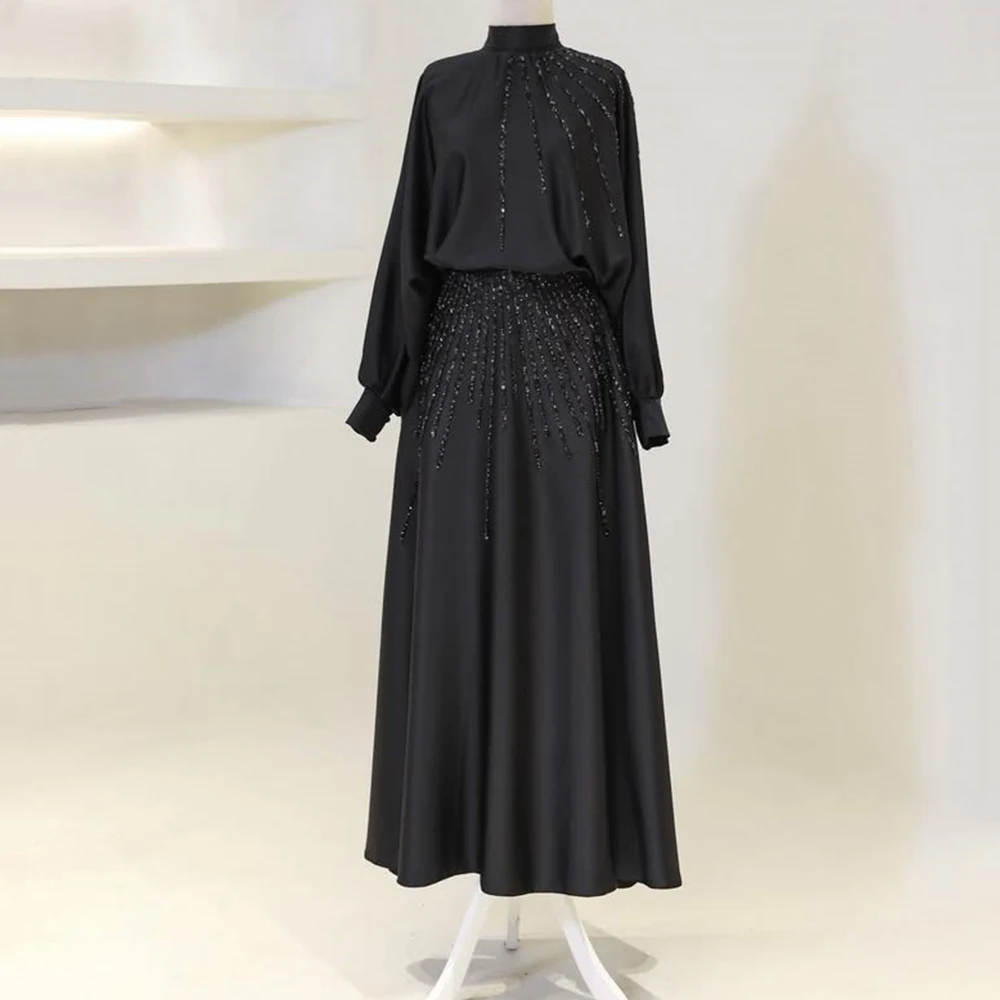 

Dream Satin Classic High Neck Evening Dress Long Sleeve A-Line Ankle Length with Beading Customized Women Occasion Formal Gowns