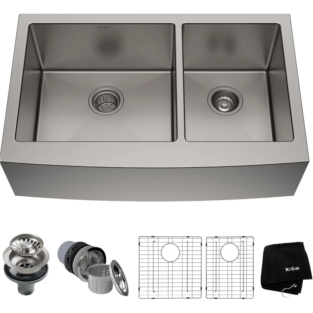 Fregadero de cocina de acero inoxidable con doble cuenco, calibre 16, 60/40, delantal frontal de 33 pulgadas, KHF203-33