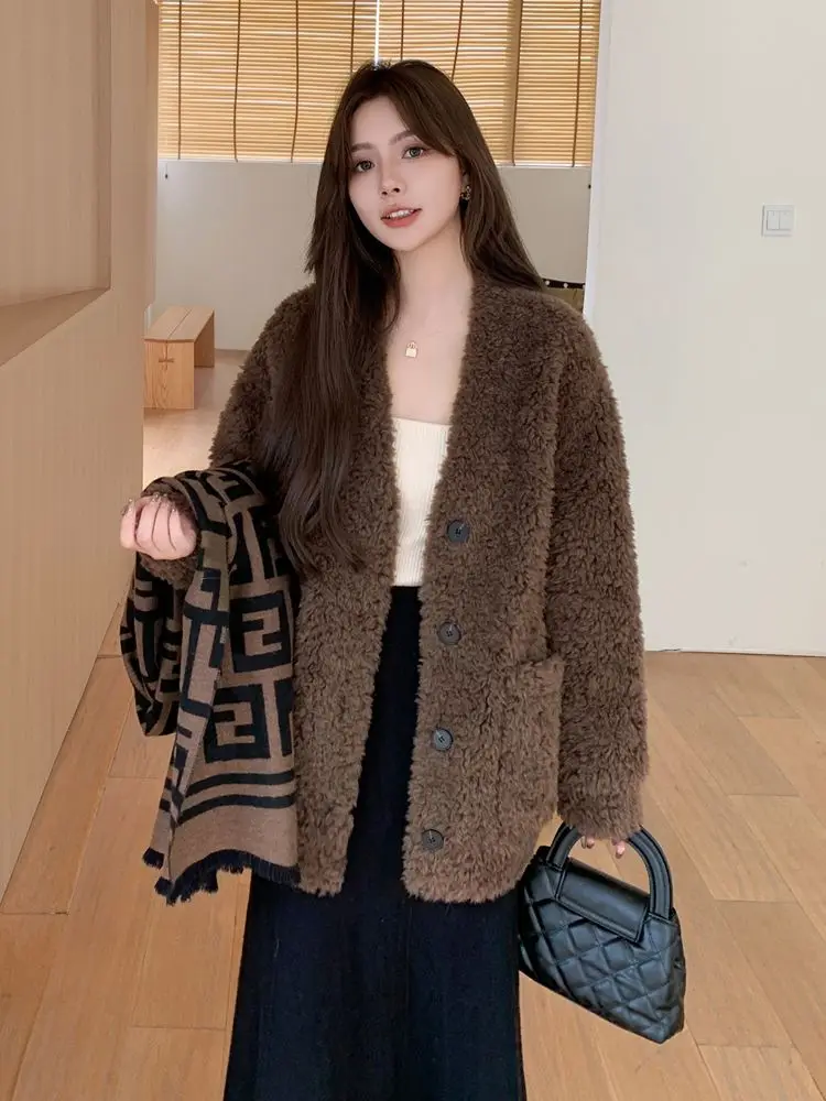 

Осенне-зимняя модная женская куртка из овечьей шерсти, свободная повседневная куртка с v-образным вырезом