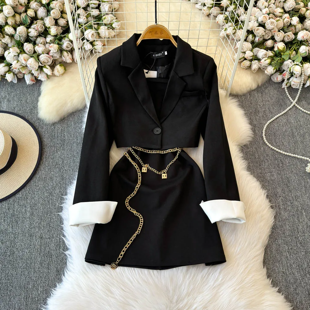 

Женский черный пиджак из 2 предметов, комплекты костюмов, женские элегантные лоскутные офисные женские костюмы OL, деловой официальный наряд, профессиональные костюмы Allure