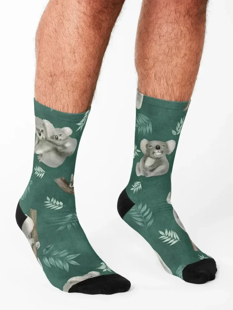 Cute koala and leaves branch watercolor illustration on green background. Sweet Australian animal children pattern Socks