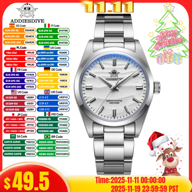 

ADDIESDIVE 36mm Men Watch Desert Texture AD2030 10Bar Waterproof 316L Stainless Steel relogios masculino Quartz Watches