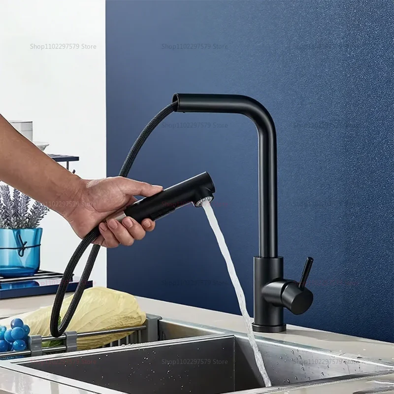 Upgraded Black Silver Pull Out Kitchen Faucet Dual Mode Telescopic Rotary Stainless Steel Hot Cold Water Faucet for Kitchen
