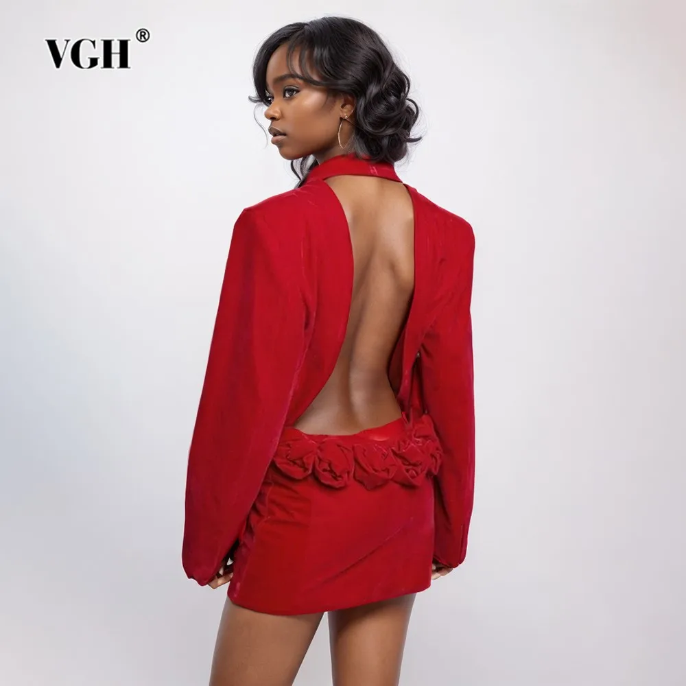 

VGH Solid Patchwork Appliques Backless Blazer For Women V Neck Long Sleeve Spliced Single Breasted Blazers Female Fashion New