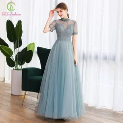 Clearance Sale Banquet Elegant Evening Dress High-neck Short Sleeve Sequins Beading A-line Prom Formal Gowns Vestido De Noche