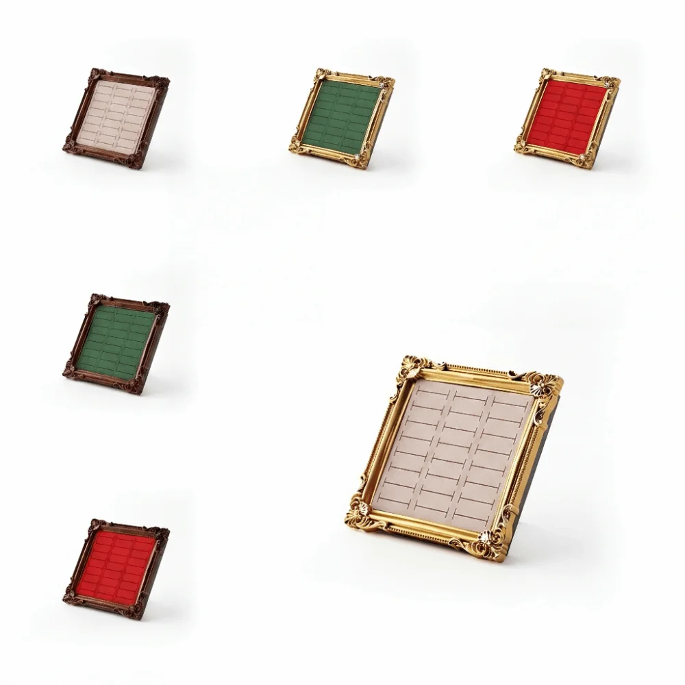 

European-style Vintage Jewelry Display Rack Square Aesthetic Photo Frame Wooden Ring Display Trinket Stand Gold