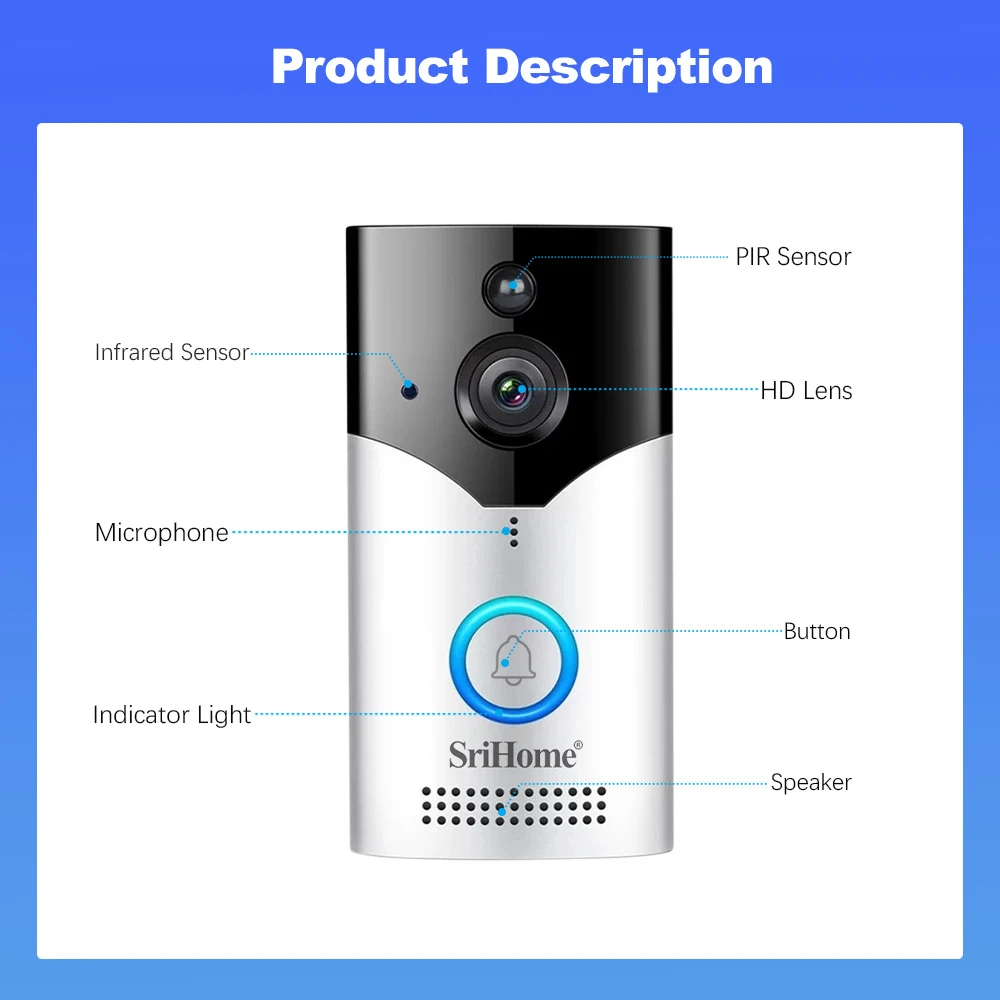 SriHome-timbre de puerta inteligente, intercomunicador de 2 vías, cámara de vídeo Wifi, 4MP, DH002