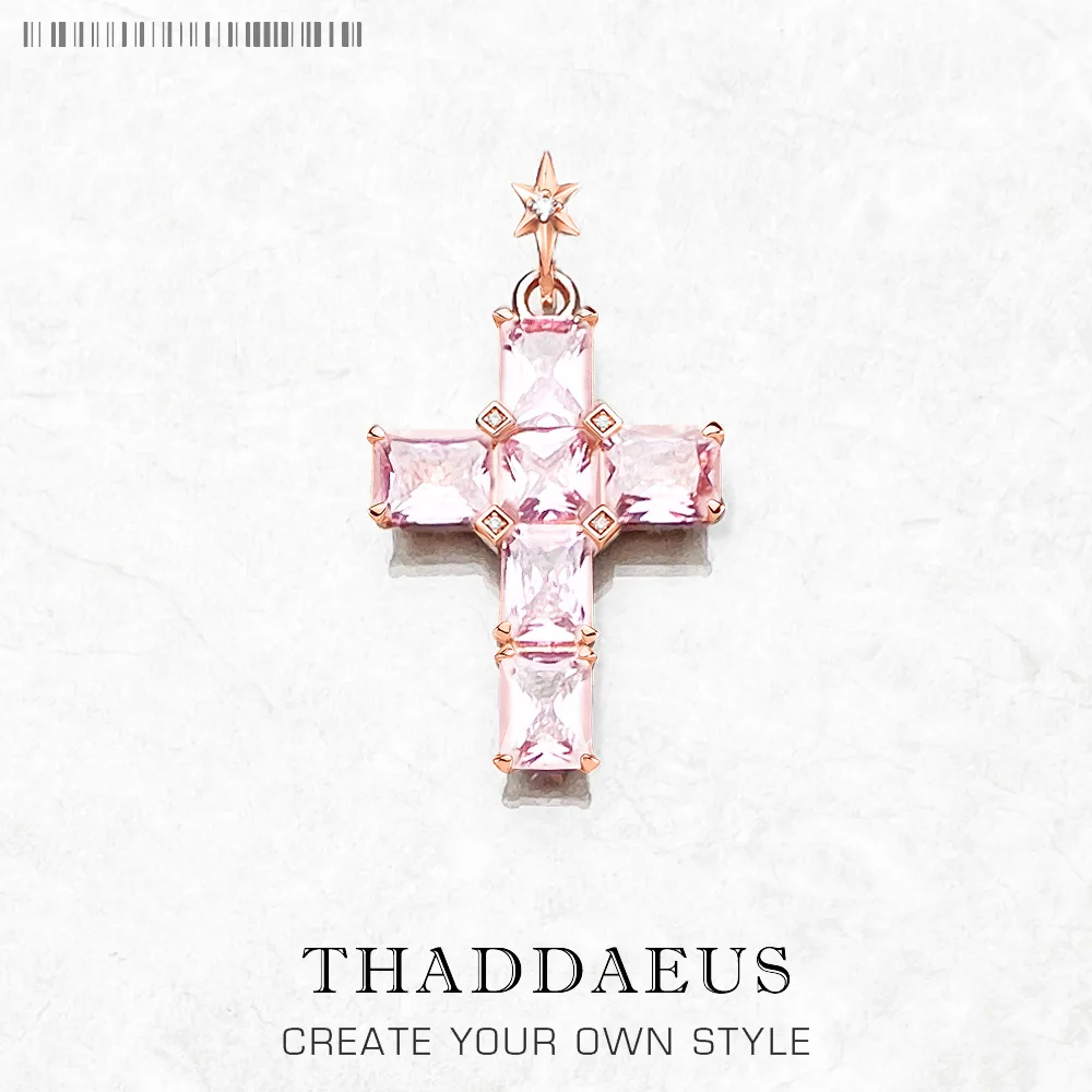 Pendant Cross With Pink Stones And Star Rose Gold Plated Brand New Fine Jewelry Europe 925 Sterling Silver Gift For Woman