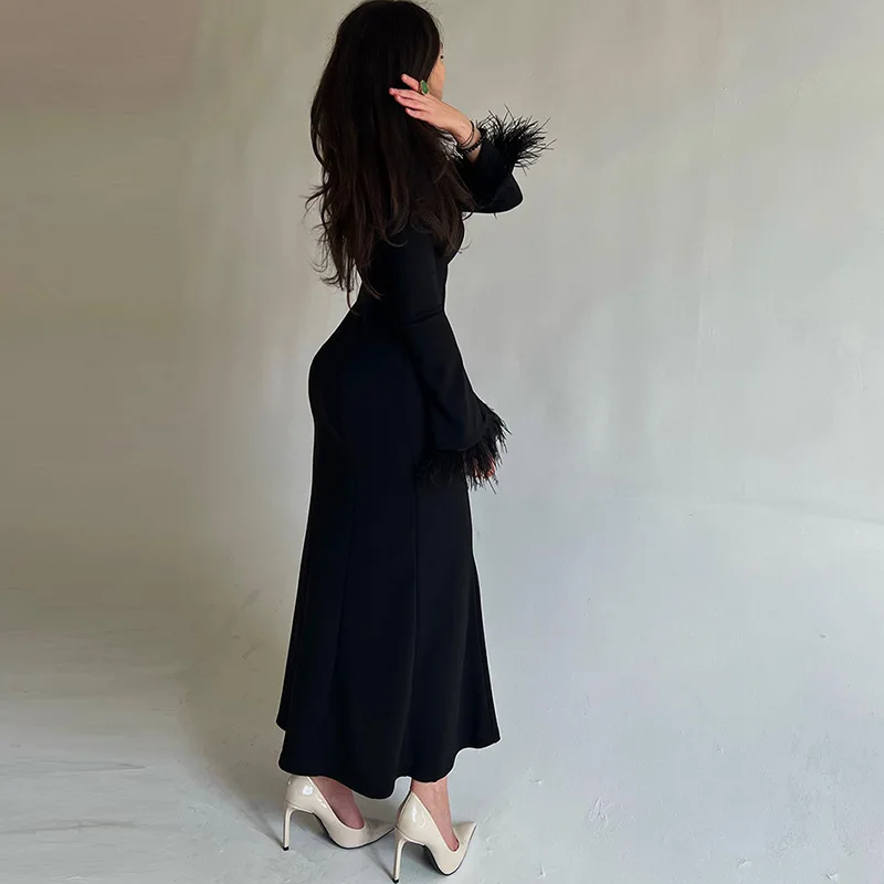 Elegant Women Dress Party Slim Fit Long Dresses Full Sleeve Sexy Tight Waist Vestidos Muslim Vestidos Feather Splice Summer