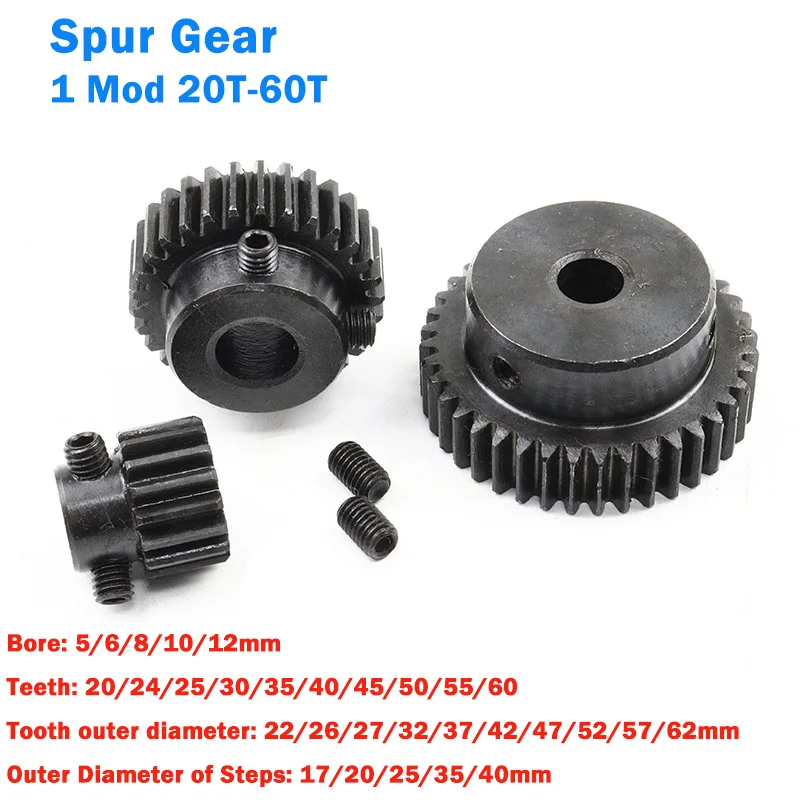 1/2/5pcs 1 Mod Spur Gear Pinion Gears With Steps 45# Steel 20T-60T Bore:5 6 8 10 12mm Transmission Accessories Motor Parts