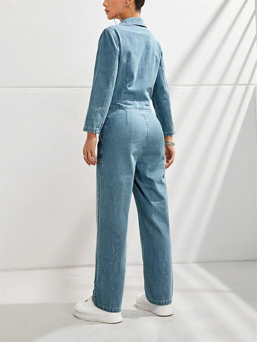 Benuynffy American Retro Washed Denim Jumpsuit Women's Autumn High Waist Half Button Casual Straight Leg Jumpsuit with Pockets