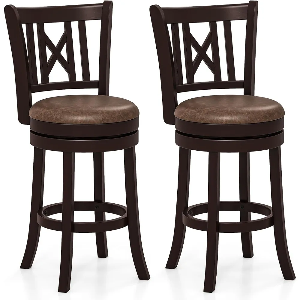 Bar Stools Set of 2, 26” Swivel Bar Chairs with Footrest, Rubber Wood Frame & Hollowed Backrest, Leathaire Counter Heigh