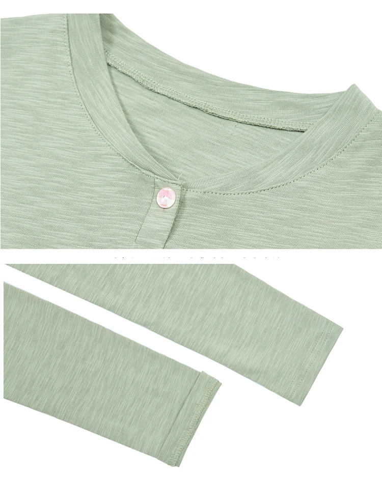 2026 Langarm Frühling Damen Slub-Baumwoll-T-Shirts mit Knöpfen, grüner V-Ausschnitt, einfarbiges T-Shirt, kaffeefarben, koreanische weiche, lockere Oberteile – Detail 28