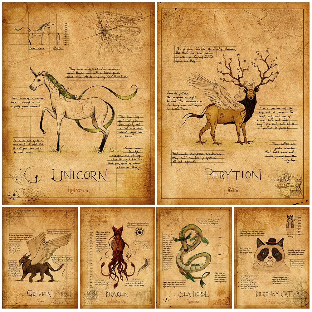 The Sea Horse And Unicorn Notes Vintage Wall Art Canvas Painting Griffin And Kraken Magical Creatures Poster Print Decoration