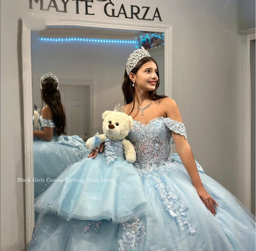 Sky Blue Princess Quinceanera Dresses 2024 One Shoulder Corset 3D Lace Appliques vestido 15 quinceañeras baratos